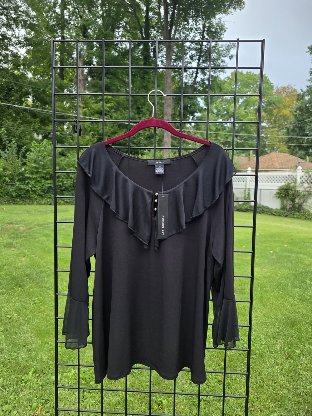 Liz McCoy Black Ruffle-Neck Long Sleeve Blouse